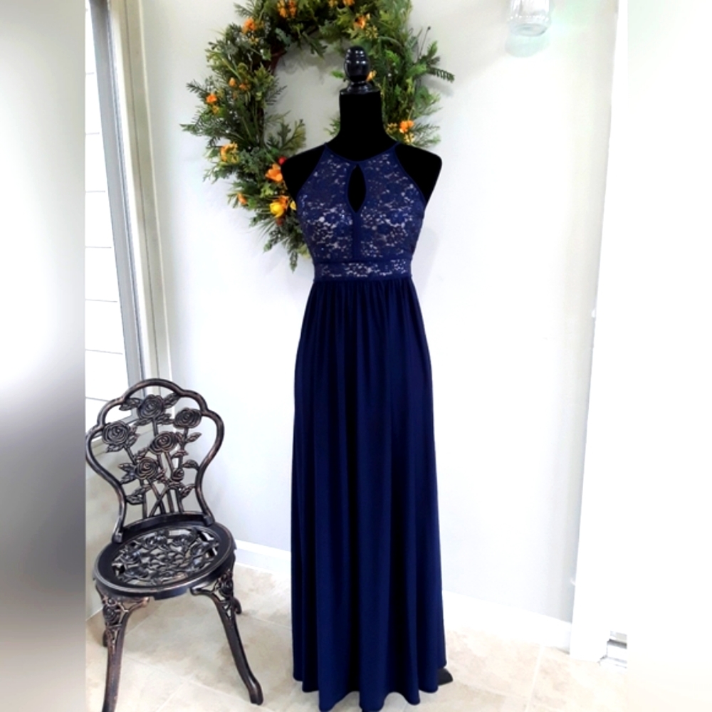 NW Nightway Navy Blue Maxi Sleeveless Keyhole Prom Gown Size 4P